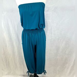 Love J teal strapless smocked waist cropped leg jumpsuit size small
